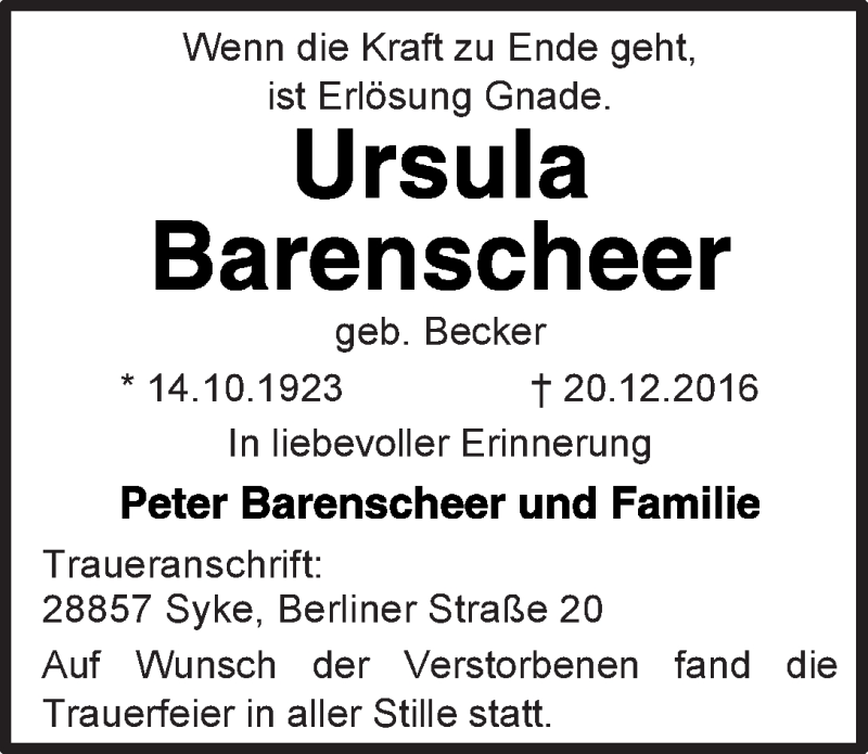 Traueranzeige von Ursula Barenscheer von WESER-KURIER