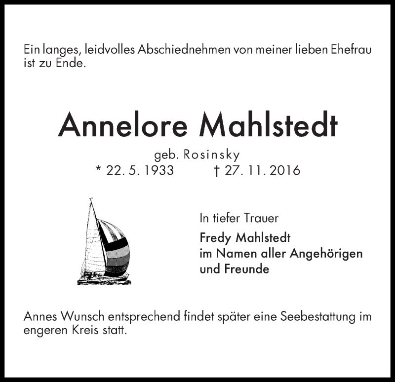 Traueranzeige von Annelore Mahlstedt von WESER-KURIER
