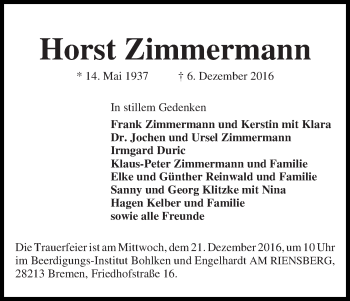 Traueranzeige von Horst Zimmermann