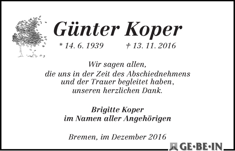 Traueranzeige von Günter Koper von WESER-KURIER