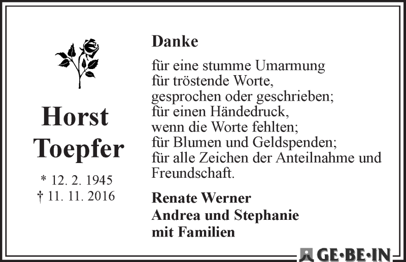 Traueranzeige von Horst Toepfer von WESER-KURIER