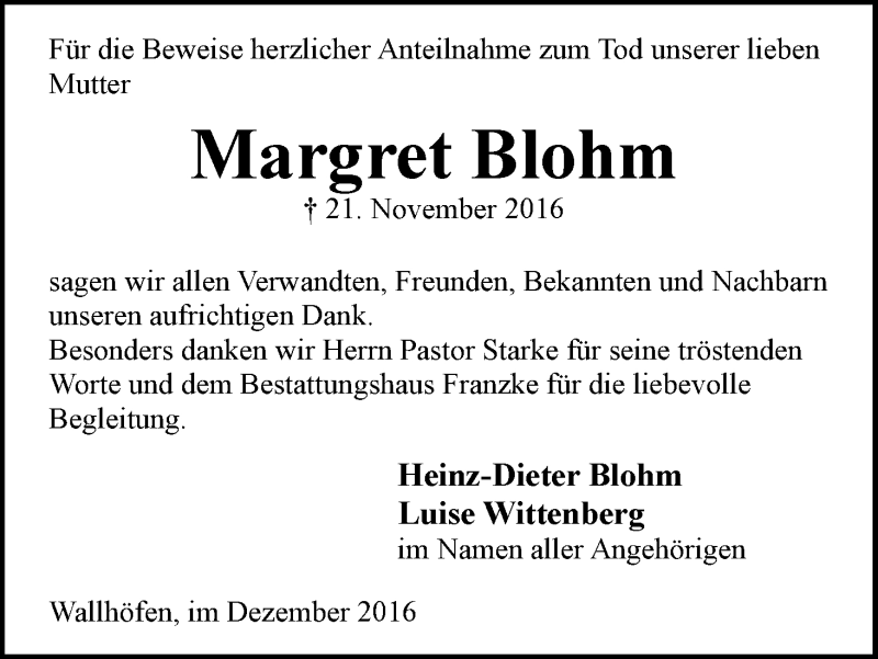 Traueranzeige von Margret Blohm von Osterholzer Kreisblatt