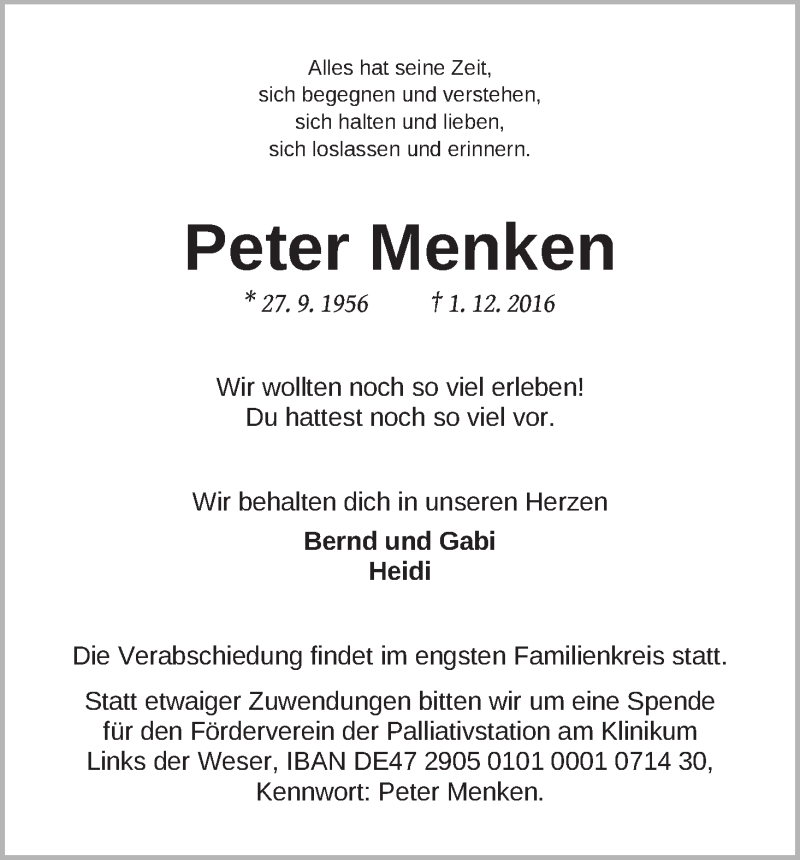Traueranzeige von Peter Menken von WESER-KURIER