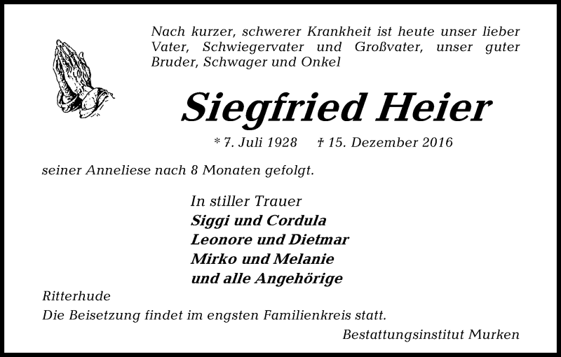 Traueranzeige von Siegried Heier von Osterholzer Kreisblatt