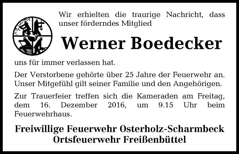 Traueranzeige für Werner Boedecker vom 14.12.2016 aus Osterholzer Kreisblatt