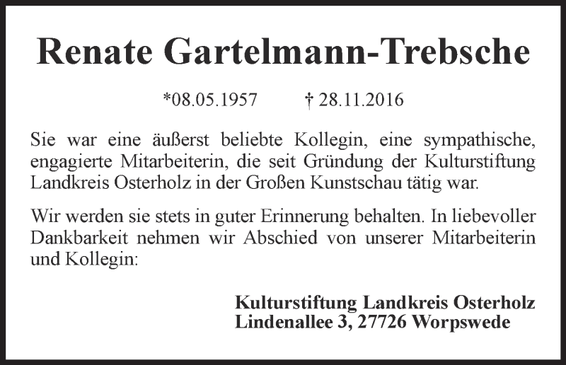 Traueranzeige von Renate Gartelmann-Trebsche von Wuemme Zeitung