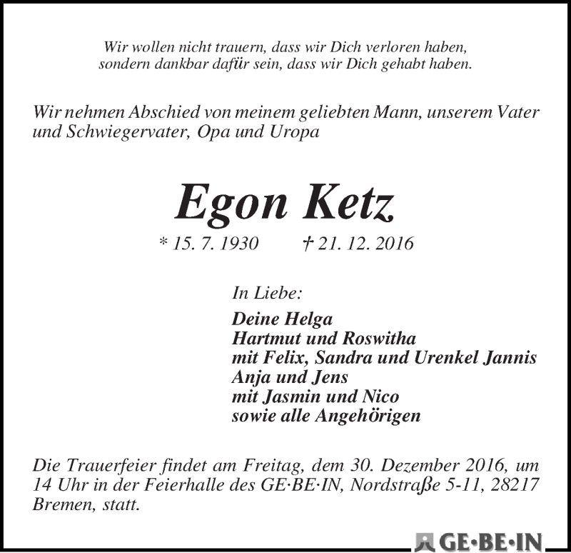 Traueranzeige von Egon Ketz von WESER-KURIER