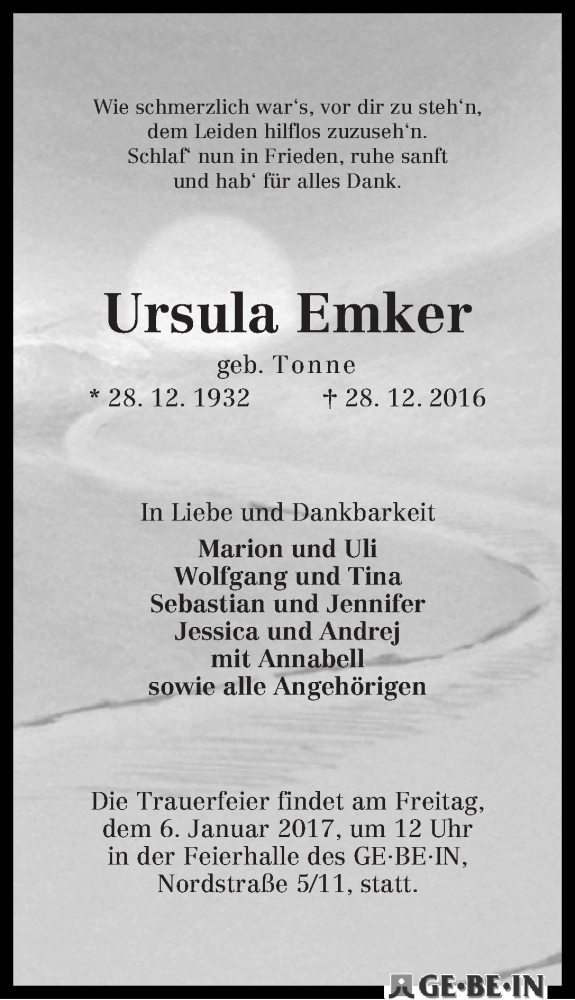 Traueranzeige von Ursula Emker von WESER-KURIER