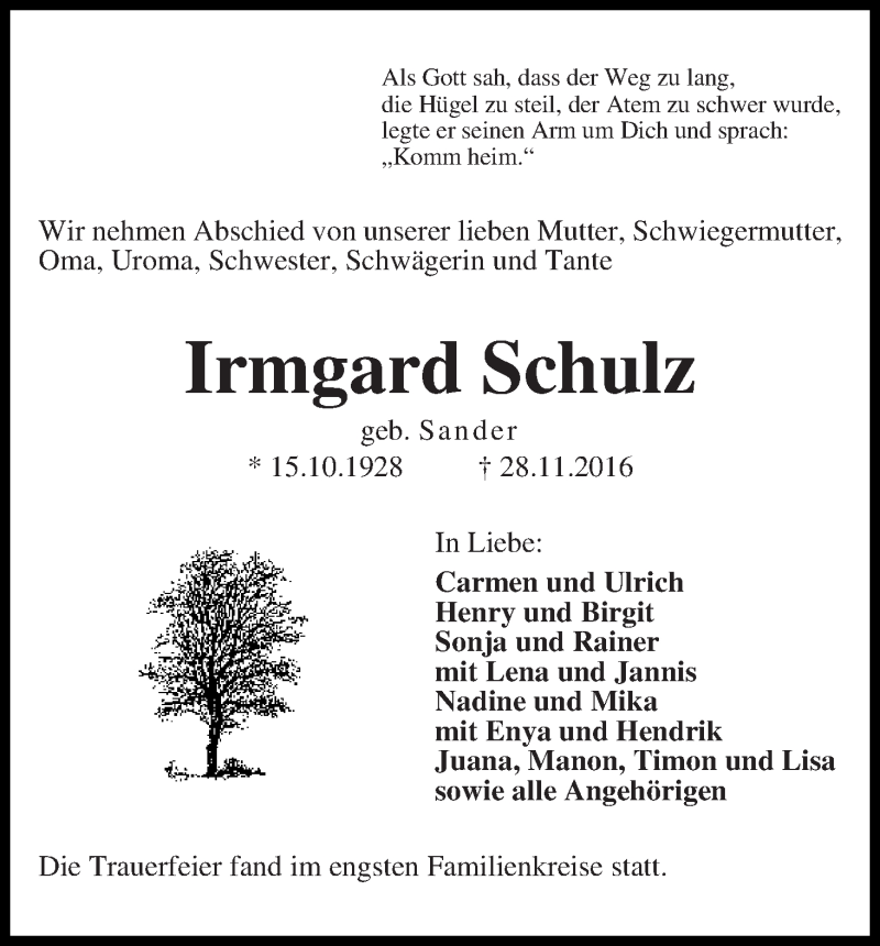 Traueranzeige von Irmgard Schulz von Die Norddeutsche