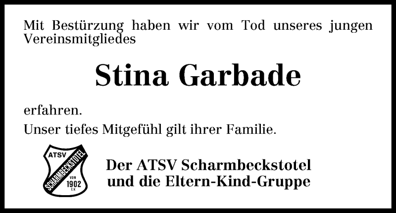  Traueranzeige für Stina Garbade vom 29.12.2016 aus Osterholzer Kreisblatt
