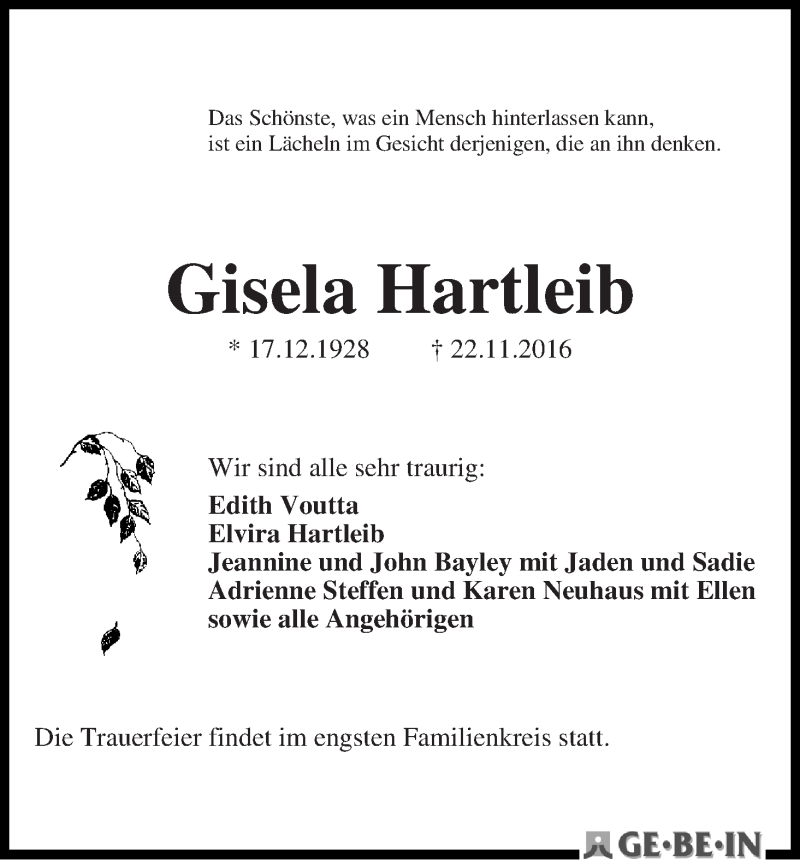 Traueranzeige von Gisela Hartleib von WESER-KURIER