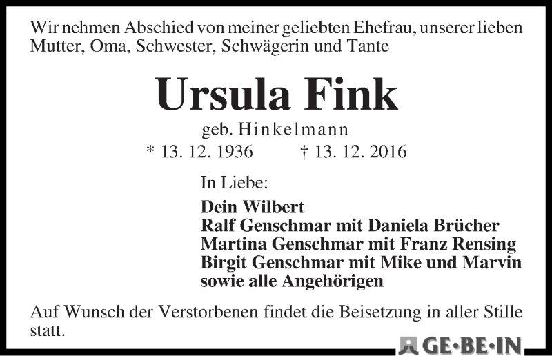 Traueranzeige von Ursula Fink von WESER-KURIER