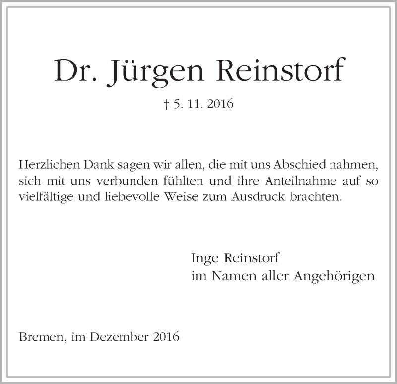 Traueranzeige von Dr. Jürgen Reinstorf von WESER-KURIER