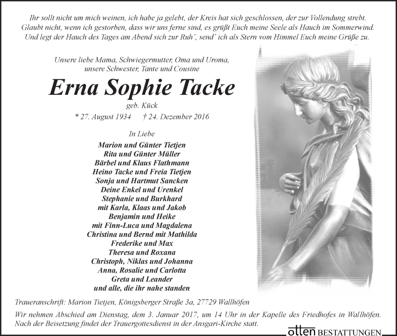 Traueranzeige von Erna Sophie Tacke von Osterholzer Kreisblatt