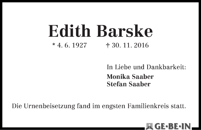 Traueranzeige von Edith Barske von WESER-KURIER