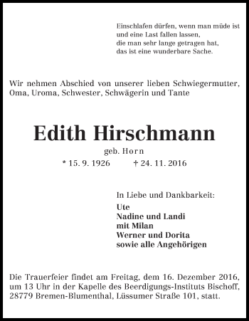 Traueranzeige von Edith Hirschmann