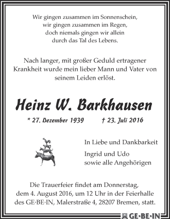 Traueranzeige von Heinz W. Barkhausen