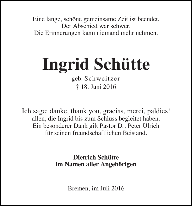 Traueranzeige von Ingrid Schütte von WESER-KURIER