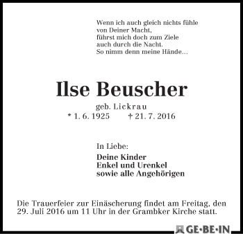 Traueranzeige von Ilse Beuscher