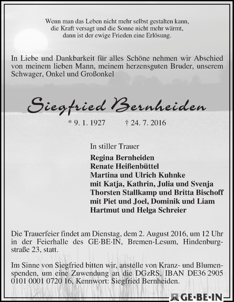 Traueranzeige von Siegfried Bernheiden von WESER-KURIER