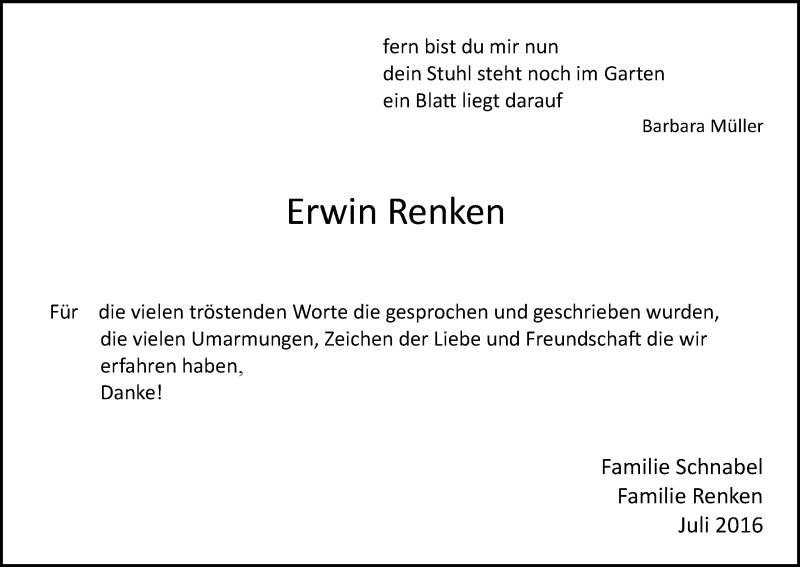 Traueranzeige von Erwin Renken von Wuemme Zeitung