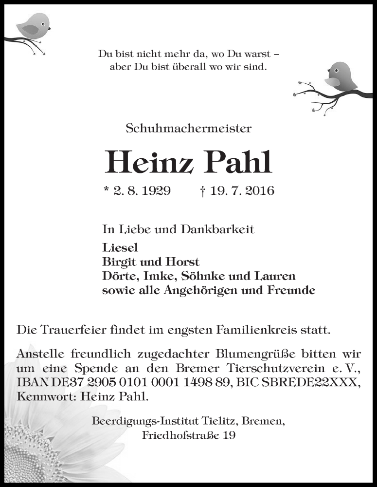 Traueranzeige von Heinz Pahl von WESER-KURIER