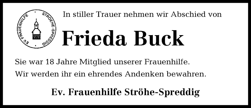 Traueranzeige von Frieda Buck von Osterholzer Kreisblatt