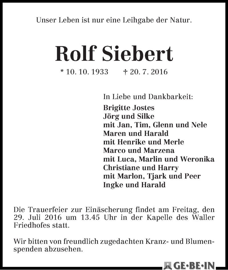 Traueranzeige von Rolf Siebert von WESER-KURIER