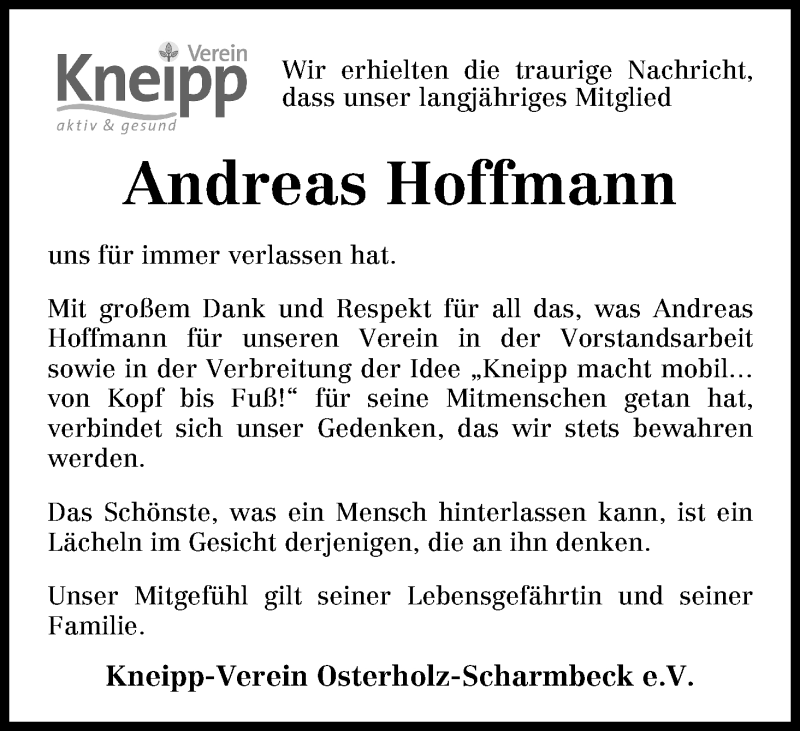 Traueranzeige von Andreas Hoffmann von Osterholzer Kreisblatt