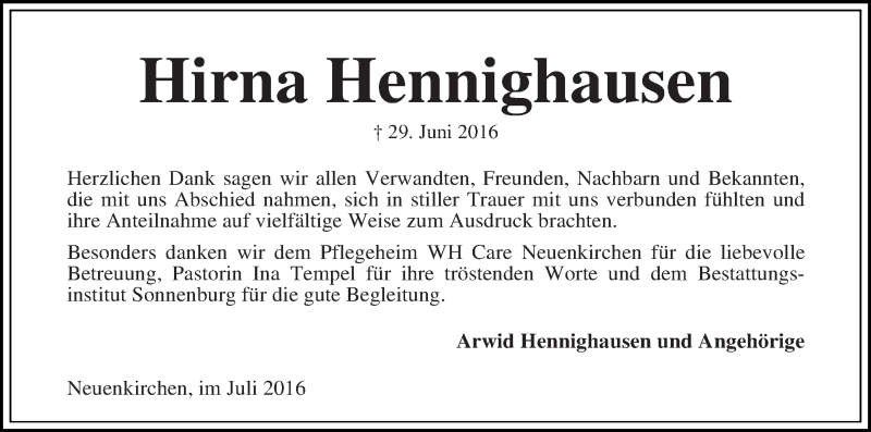 Traueranzeige von Hirna Hennighausen von Die Norddeutsche