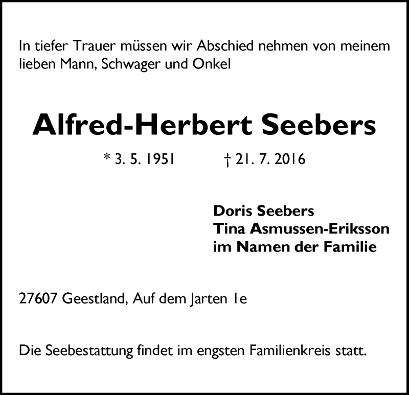 Traueranzeige von Alfred-Herbert Seebers von WESER-KURIER