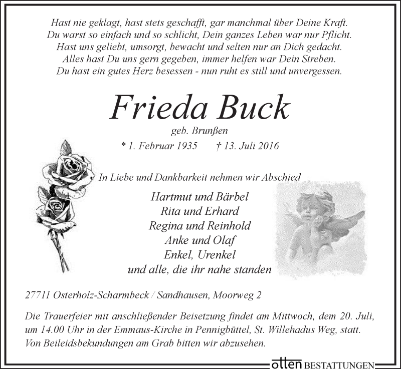 Traueranzeige von Frieda Buck von Osterholzer Kreisblatt
