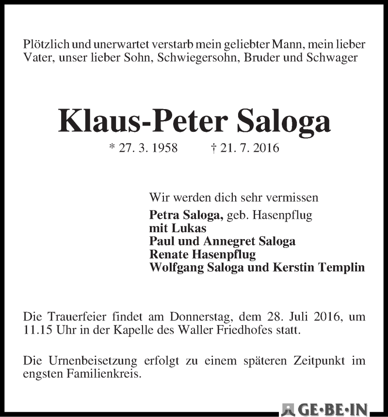  Traueranzeige für Klaus-Peter Saloga vom 23.07.2016 aus WESER-KURIER
