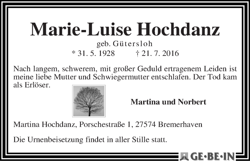 Traueranzeige von Marie-Luise Hochdanz von WESER-KURIER