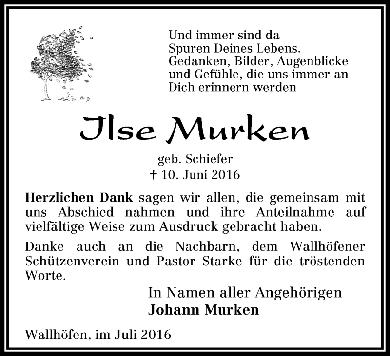 Traueranzeige von Ilse Murken von Osterholzer Kreisblatt