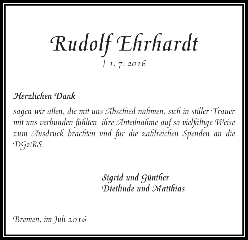 Traueranzeige von Rudolf Ehrhardt von WESER-KURIER