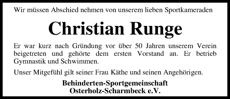 Traueranzeige von Christian Runge von Osterholzer Kreisblatt