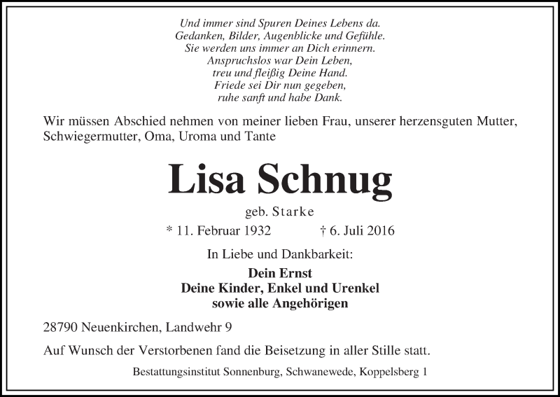 Traueranzeige von Lisa Schnug von Die Norddeutsche