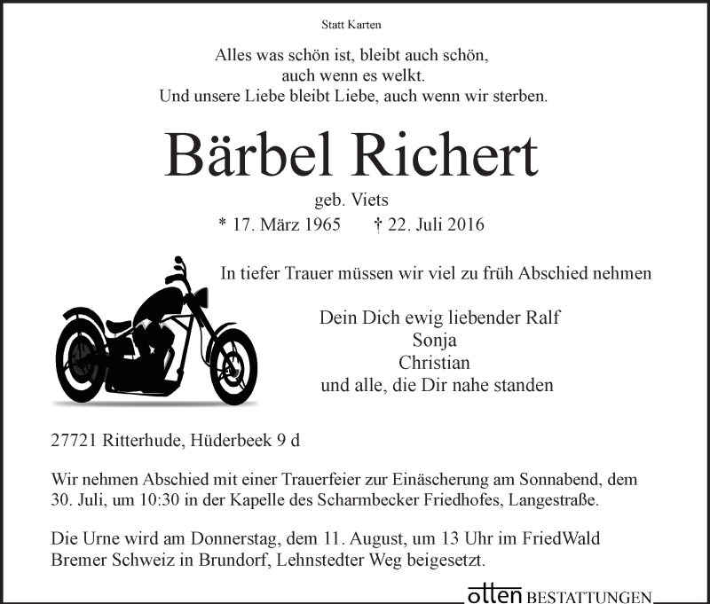 Traueranzeige von Bärbel  Richert von Osterholzer Kreisblatt