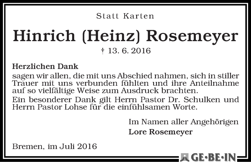 Traueranzeige von Hinrich Rosemeyer von WESER-KURIER