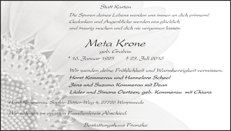 Traueranzeige von Meta Krone von Wuemme Zeitung