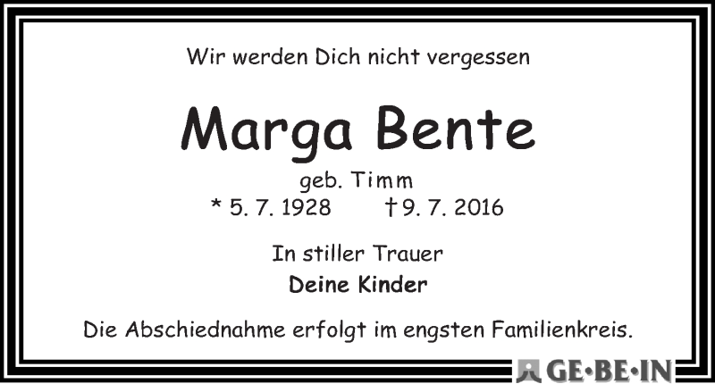 Traueranzeige von Marga Bente von WESER-KURIER