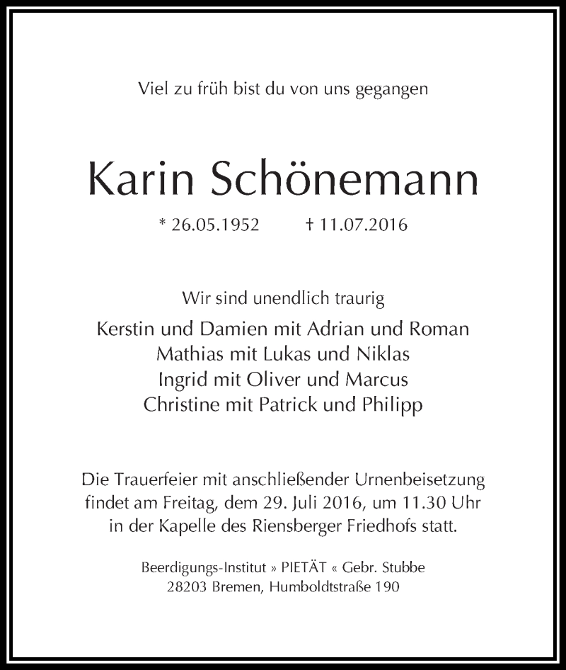 Traueranzeige von Karin Schönemann von WESER-KURIER