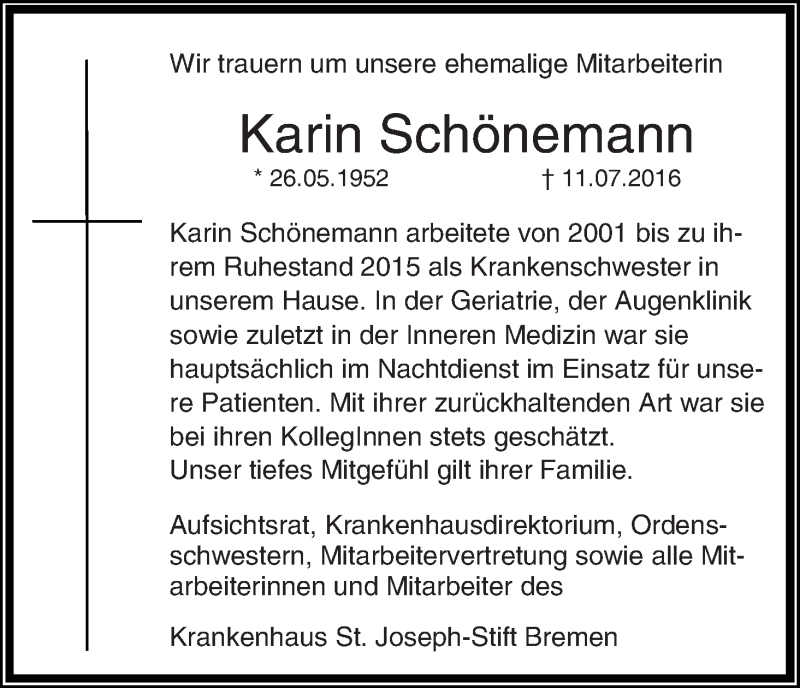 Traueranzeige von Karin Schönemann von WESER-KURIER