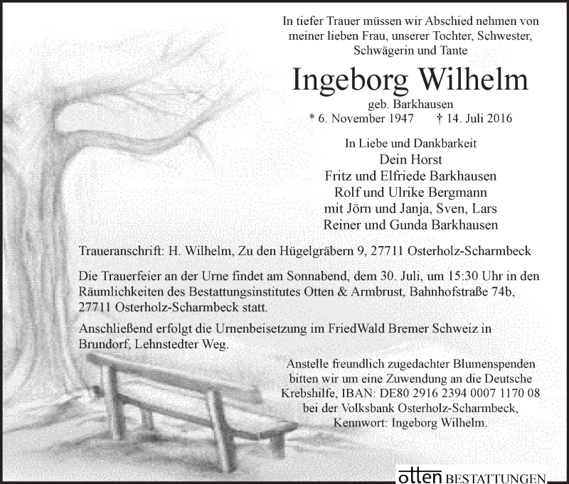 Traueranzeige von Ingeborg Wilhelm von Osterholzer Kreisblatt