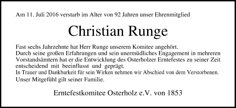 Traueranzeige von Christian Runge von Osterholzer Kreisblatt