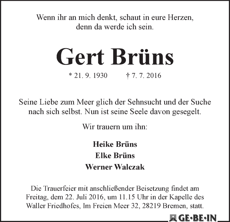 Traueranzeige von Gert Brüns von WESER-KURIER