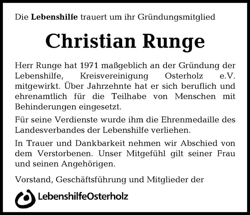 Traueranzeige von Christian Runge von Osterholzer Kreisblatt