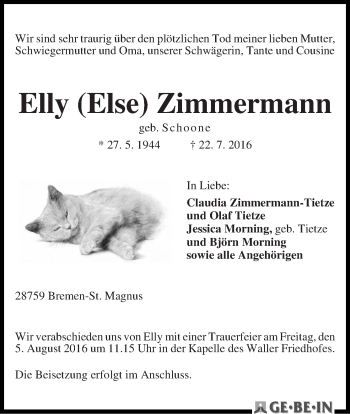 Traueranzeige von Elly (Else) Zimmermann