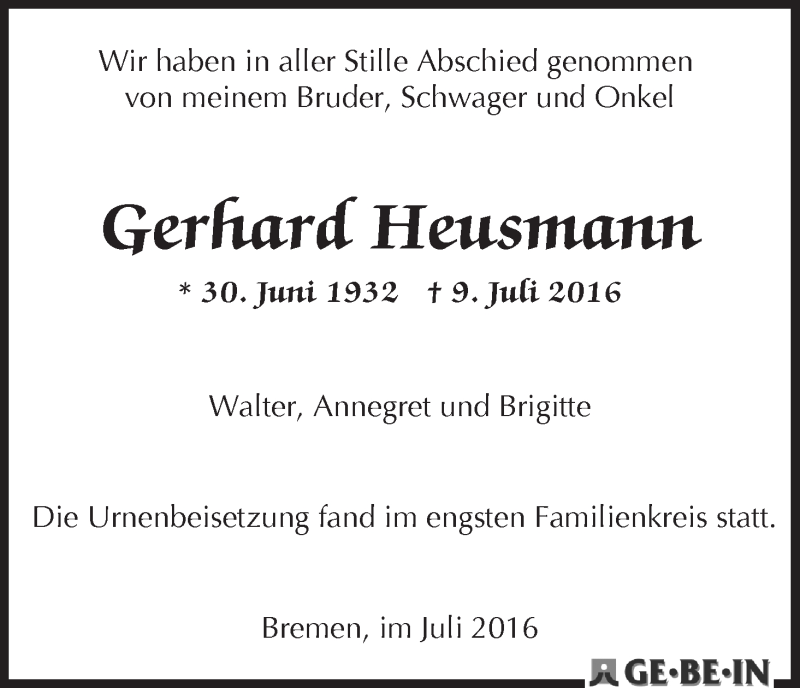 Traueranzeige von Gerhard Heusmann von WESER-KURIER